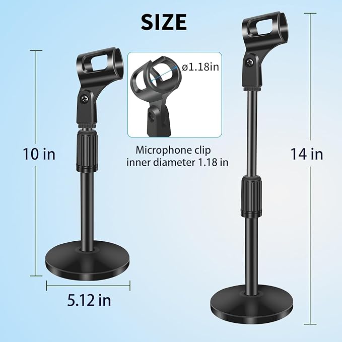 2 Pack Small Microphone Stand Desk, Desktop Mic Stand Adjustable Microphone Holder Lightweight Table Mic Stand with Mic Clip for Blue Yeti Shure Microphone, without Microphone