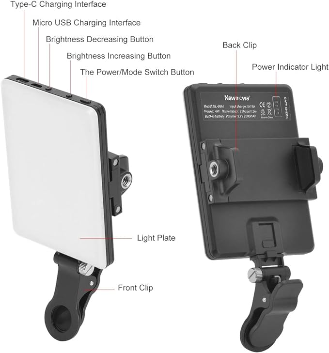 Newmowa 60 LED High Power Rechargeable Clip Fill Video Conference Light with Front & Back Clip, Adjusted 3 Light Modes for Phone, iPhone, Android, iPad, Laptop, for Makeup, TikTok, Selfie, Vlog