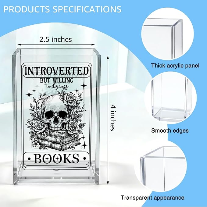 Introverted But Willing To Discuss Books Acrylic Organizer Pencil Pen Holder, Skeleton Bookmark Desk Accessories Holder, Bookworm Gifts for Women Reader Book Club Student Librarian Teacher