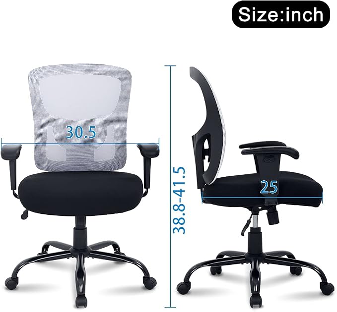 Big & Tall Office Chair Heavy Duty 400LBS Computer Desk Chair Ergonomic Task Rolling Swivel Mesh Chair with Lumbar Support & Adjustable Armrest Executive Chair for Women Men, White