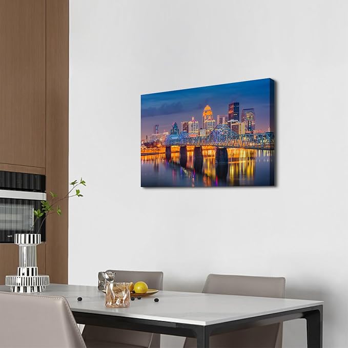 Modern USA Cityscape Canvas Wall Art for Bedroom Downtown Louisville in Kentucky Night Scenery Wall Decor Dining Room 16X24" Colorful Lights Building Skyline Panoramic Artwork Bathroom Home Decoration