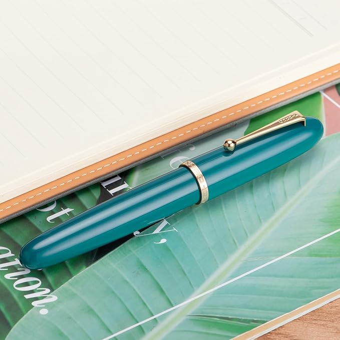 Jinhao 9019 DaDao Series Fountain Pen, Size 8 Fine Heartbeat Nib with Large Ink Converter, Lake Blue Acrylic Design Smooth Writing Pen (Gold Trim)