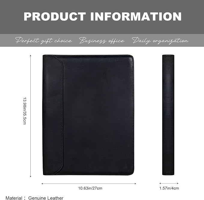 AZXCG Genuine Leather Portfolio Binder for Men& Women,Portfolio Organizer with Zipper,Leather 3 Ring Binder for iPad Pro 12.9,Business Portfolio for Men,Gift for Father's Day