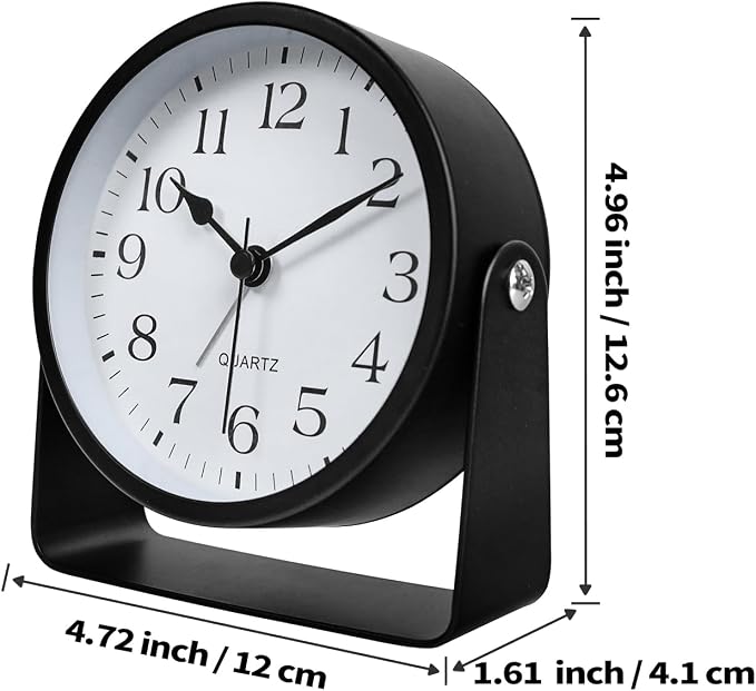 Desk Alarm Clock, Silent Non-Ticking Battery Operated Analog, Black | On-Demand Night Soft Light, 360° Rotatable, Metal Frame, for Bedroom Bedside, Shelf, Mantel, Office Desk, Travel