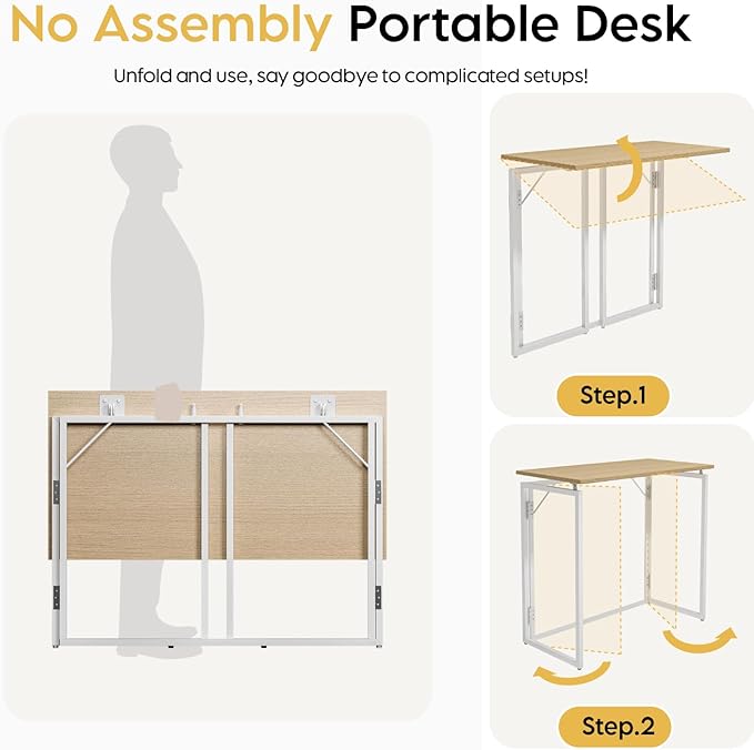 Folding Desk - 39.4” Wood Top Foldable Desk for Small Spaces | No Assembly Required Compact Desk for Home Office, Writing, and Study
