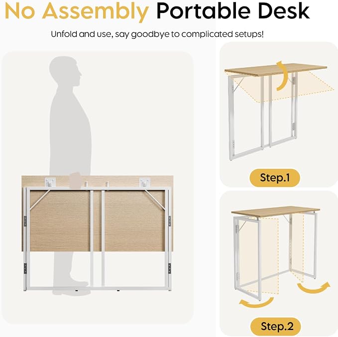 alawooder Folding Desk - 31.5" Wood Top Foldable Desk for Small Spaces | No Assembly Required Compact Desk for Home Office, Writing, and Study