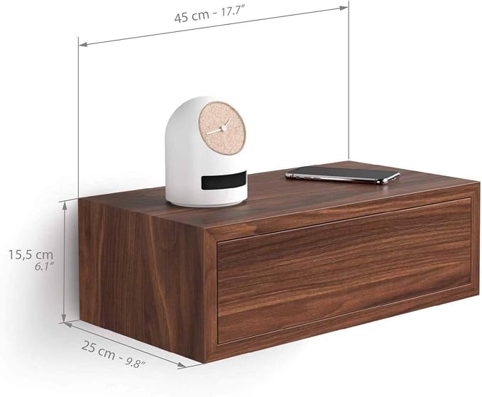 Mobili Fiver, Riccardo Floating nightstand, Walnut, 17.7" x 9.8" x 6.1 ", Melamine-Finished, Modern Bedside Table, End Table, Italian Furniture