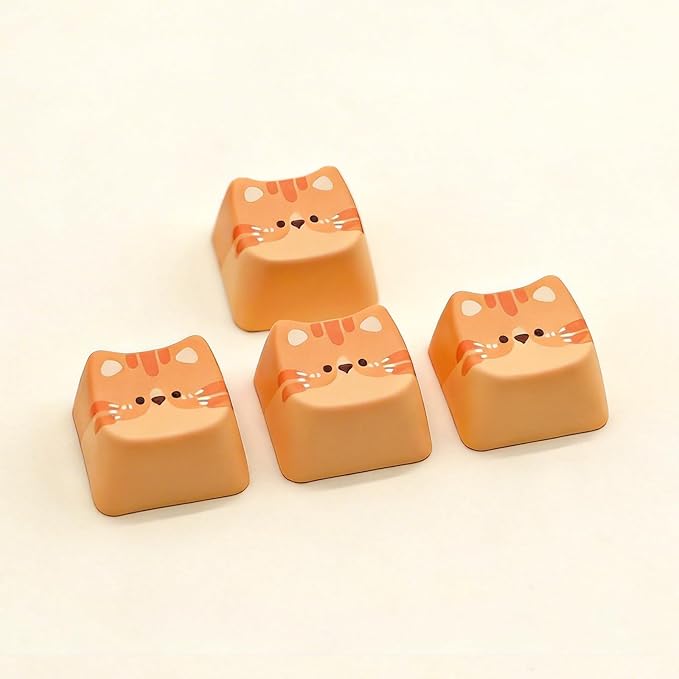 Artisan Keycaps, 4 Keys Cute Cat Custom Cover Caps for MX Mechanical Keyboard, Resin Handmade 1U Replacement for Esc Del Arrow Key (Orange Cat Set)