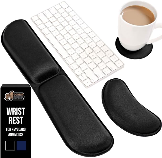 GORILLA GRIP Silky Memory Foam Keyboard Wrist Rest for Computer and Mouse, Ergonomic Typing Support Pad, Desk Office Supplies, Gaming Accessories, Hand & Arm Mousepad Cushion and Coaster Set, Black