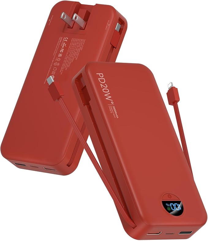 citicr Portable Charger 20000mAh PD20W w/Built-in Cables & Wall Plug Red | High capacity, Fast charging, Built-in wall plug, LED display, Charge 5 devices at once, Pass through charging, TSA approved