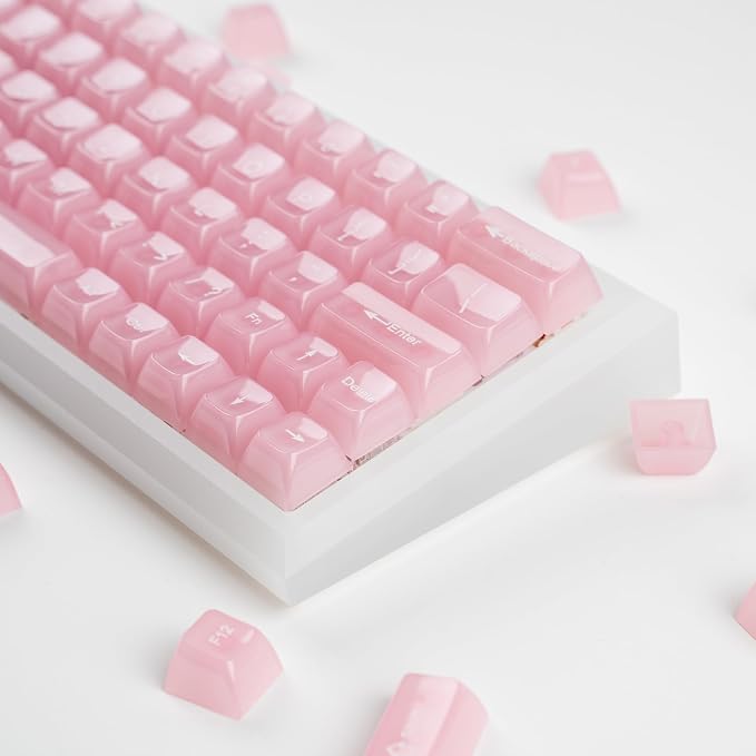 Crystal Transparent Clear Keycaps Jelly, Pink MDA Profile, 115 Keys Cute Custom Set for Cherry MX, Mechanical Gaming Keyboards, RGB Compatible (Pink)