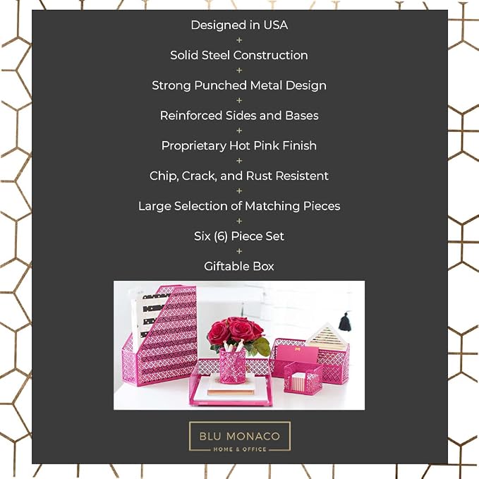 BLU MONACO Pink Office Supplies Hot Pink Desk Accessories for Women Office - 6 Piece Cute Pink Desk Organizer Set