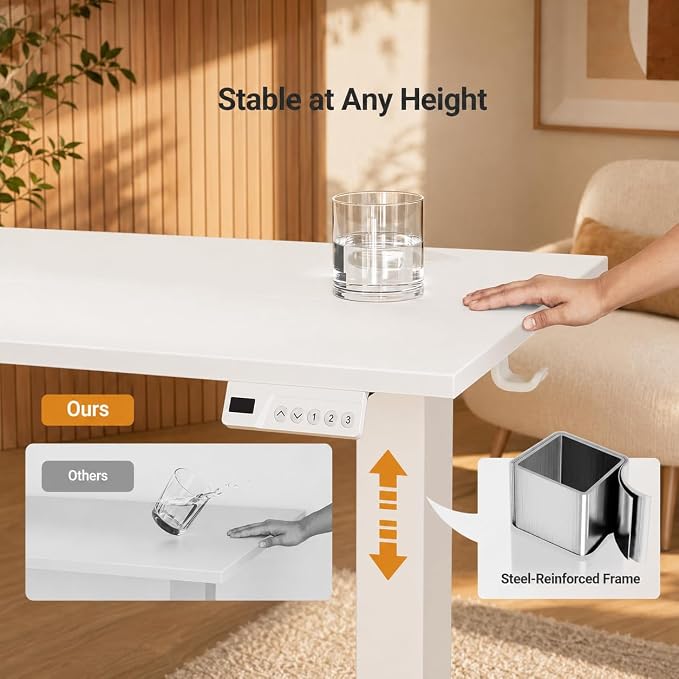 Claiks Electric Standing Desk 55x24 Inch Adjustable Desk, White | 156lbs weight capacity, 3 memory presets, industrial steel frame, cable management hub, adjustable height , easy assembly