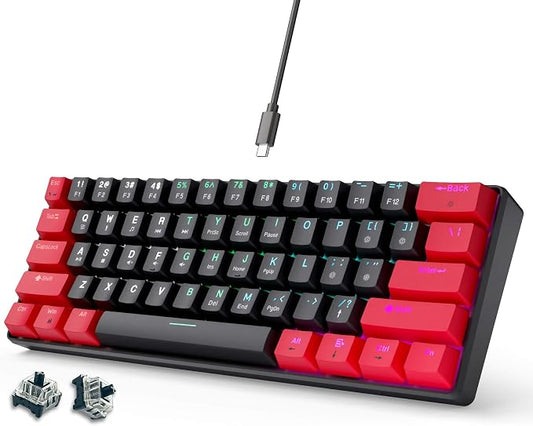 abucow 60% Mechanical Gaming Keyboard Black Switch Wired Compact Keyboard Anti-Ghosting No-Conflict 61 Swappable keycaps Ergonomic Design for Windows/Mac (Red-Black)