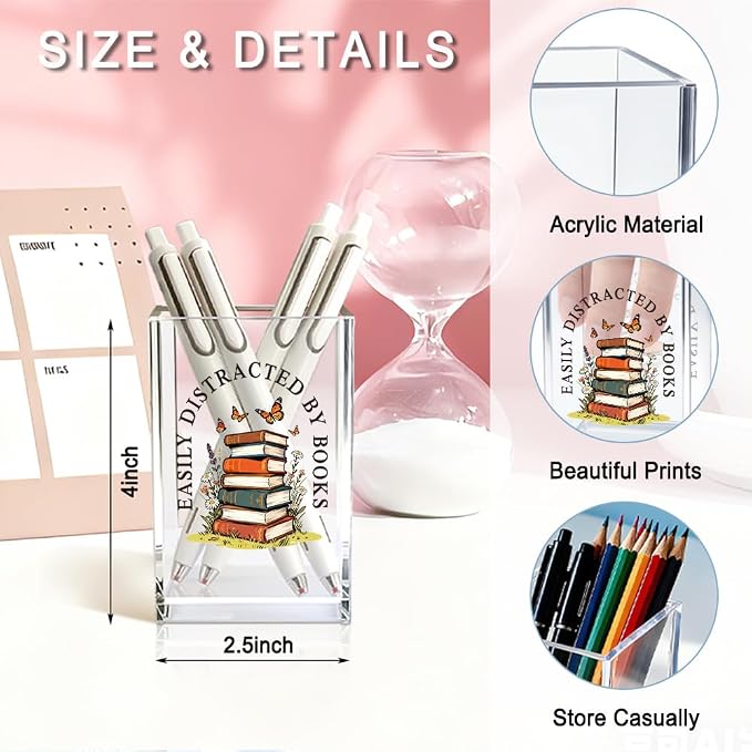 Easily Distracted By Books Acrylic Pencil Pen Holder Cup, Reading Book Club Bookmark Storage Organizer, Cute Bookish Desk Accessories Holder Gifts for Daughter Librarian Teacher Book Lover