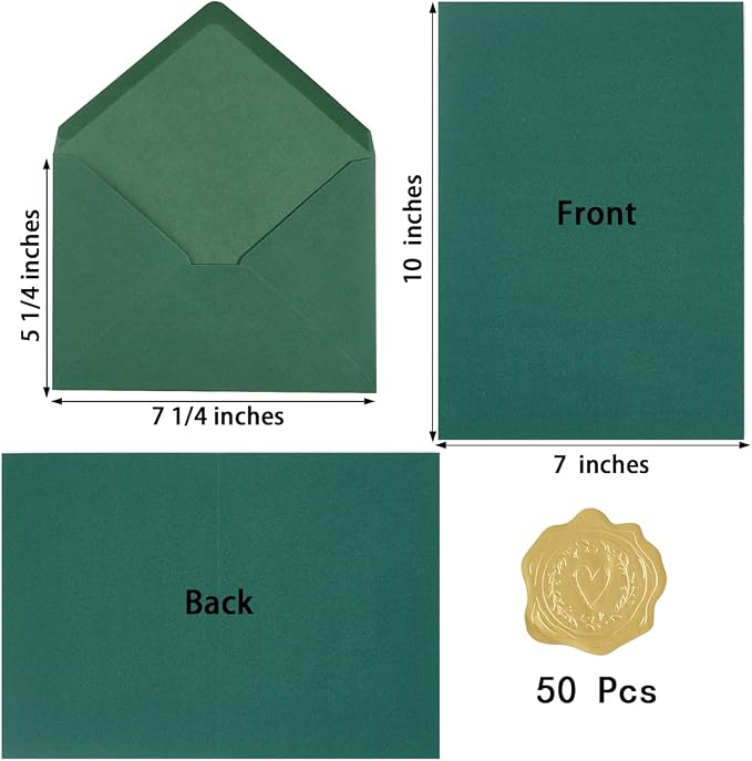 50 Pack Dark Green A7 Envelopes with Cards and Gold Stickers, 5x7 | With Thick Folded Cardstock, For Greeting Cards, Wedding, Birthday, Invitations, Baby Showers