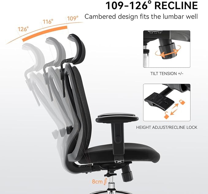 XUER Ergonomic Office Chair, Mesh Computer Desk Chair with Adjustable Sponge Lumbar Support, Thick Cushion, PU Armrest and Headrest, High Back Swivel Home Office Task Chair for Work (Black)…
