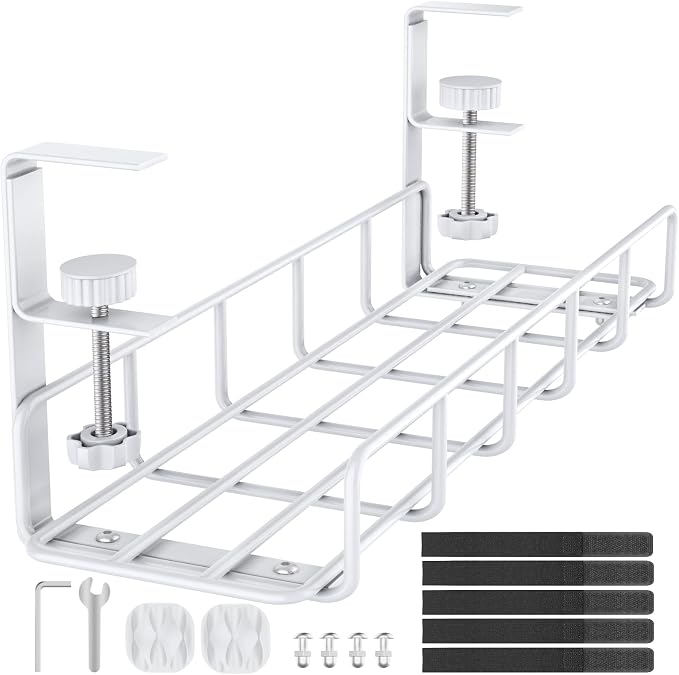 15.7” Under Desk Cable Management Tray, No Drill Heavy Duty Steel Standing Desk Cable Management, Wire Management Tray Cable Rack with Clamp Mount, Adjustable Metal Under Desk Tray (White, 1 Pack)