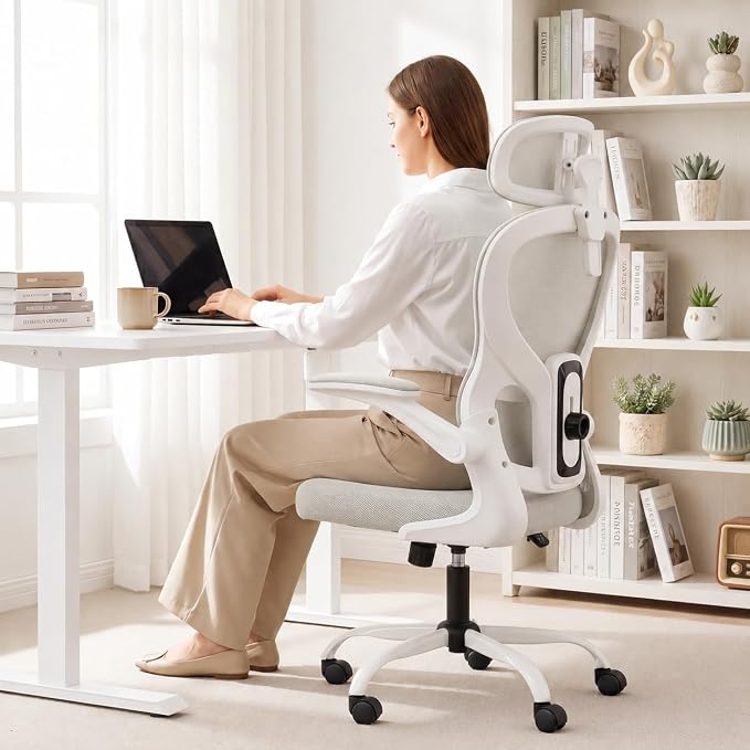 Ergonomic Office Chair with Adjustable Headrest & Lumbar Support, High Back Mesh Desk Chair, 330 LBS Capacity Swivel Computer Chair with Flip-Up Arms, Home Office Gaming Chair(Grey)