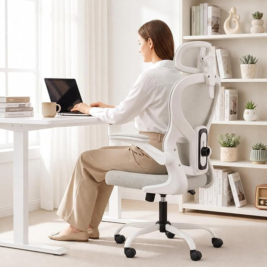 Ergonomic Office Chair with Adjustable Headrest & Lumbar Support, High Back Mesh Desk Chair, 330 LBS Capacity Swivel Computer Chair with Flip-Up Arms, Home Office Gaming Chair(Grey)