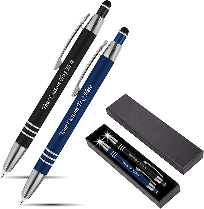Personalized Pen Gift Set, 2 Rubberized Metal Luxury Ballpoint Pens +Night Writer LED Flashlight +Stylus +Gift Box, Custom Engraved Name,logo,or text Black/Blue