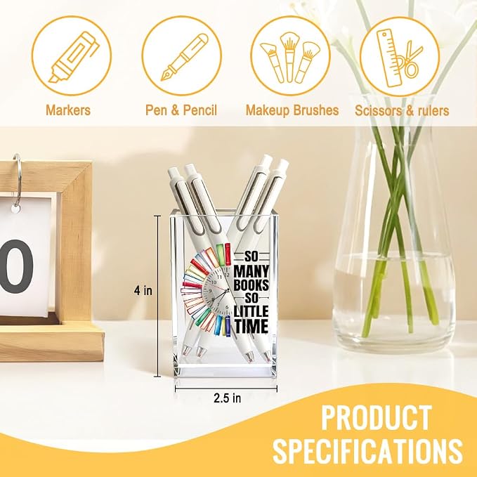 So Many Books So Little Time Acrylic Cosmetic Pencil Pen Holder Cup, Funny Bookworm Gifts for Reader Book Lover Student Librarian Book Club Member, Birthday Christmas Gifts for Student Teacher