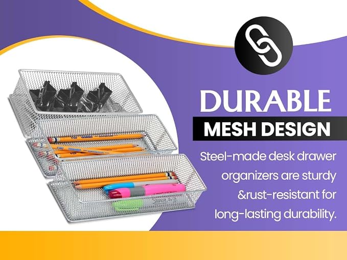 Ybm Home Silver Mesh Drawer Cabinet and or Shelf Organizer Bins, School Supply Holder Office Desktop Organizer Basket 1594s (1, 3x6x2 Inch)