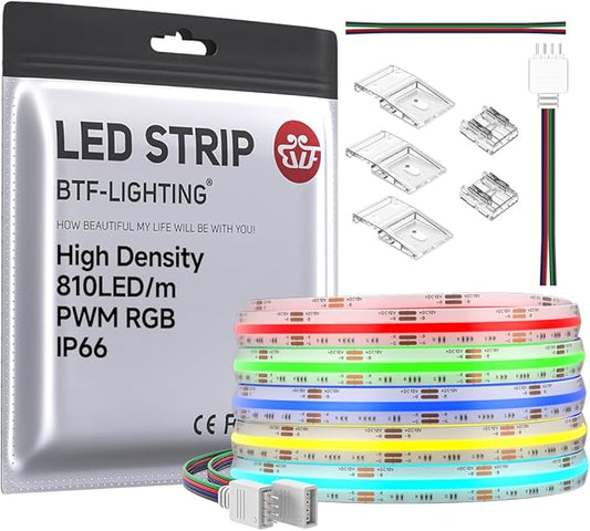 BTF-LIGHTING FCOB IP66 RGB COB LED Strip 16.4FT DC12V 810LED/m Color Changing Flexible High Density Uniform Light 10mm Width for Bedroom Home Indoor Decor(No Adapter or Controller)