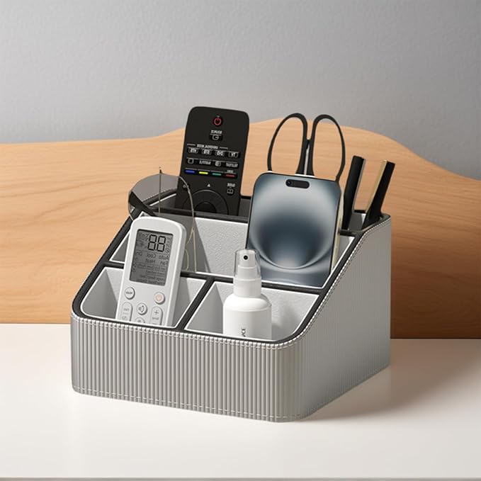 Buqoo Grey PU Leather Desk Organizer with Gold Accents | 4-Compartment Remote Holder & Stationery Caddy for Office/Nightstand (6.89in×6.69in×3.94in)