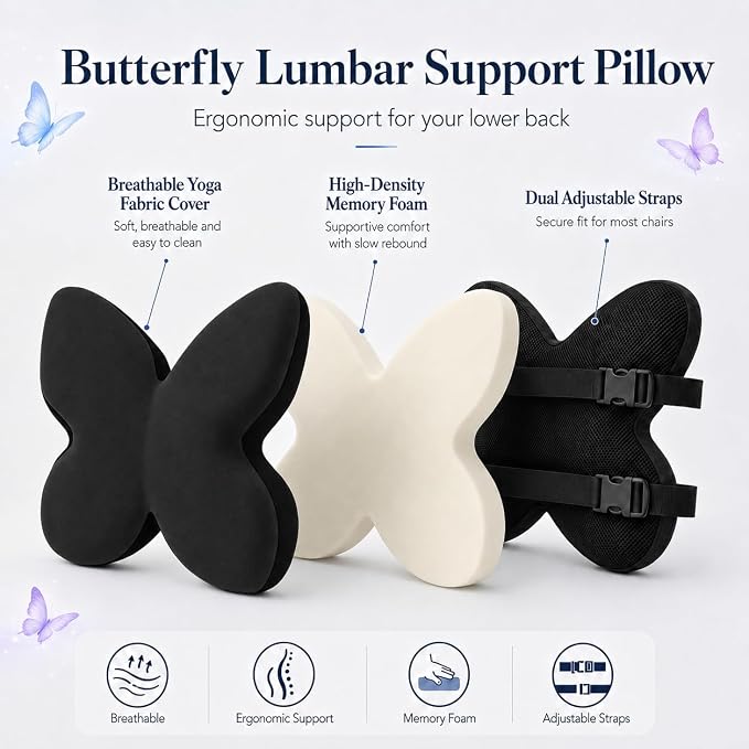 Butterfly Lumbar Support Pillow for Car and Chair, Blak | Memory foam back cushion with butterfly support, washable cover and dual adjustable straps for chairs and car seats