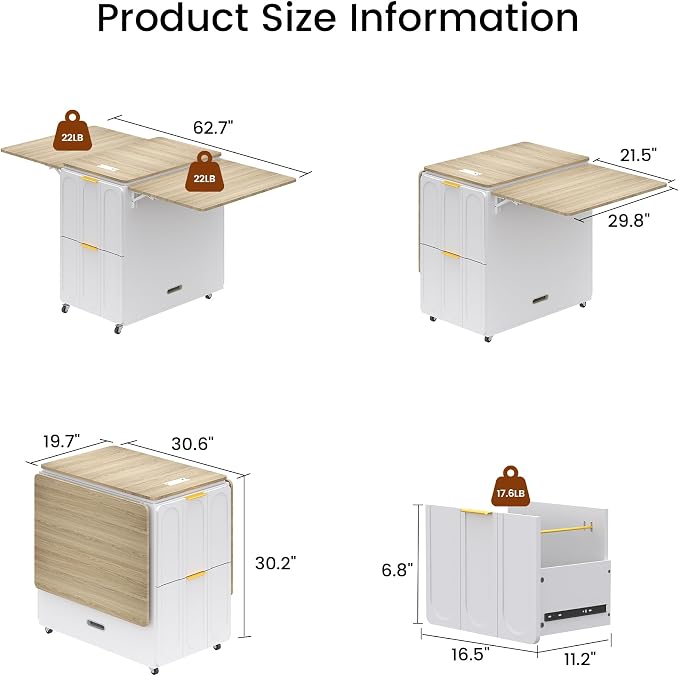 ModernMate 3-in-1 Folding Desk & File Cabinet, Fluted Multi-Storage Workspace with 4 Drawers, Lockable Wheels | Power Outlet | Fits A4/Letter Files, Space-Saving for Small Home Office, Light Walnut