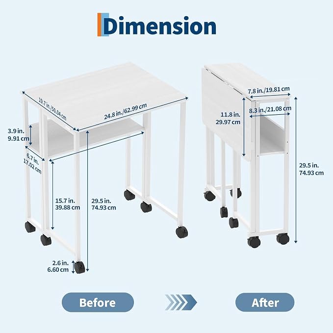 Folding Desk Small Rolling Desk with Storage Shelf,24.8 Inch Foldable Computer Table with Wheels,Portable Office Desk for Small Space Sofa Table,Easy to Fold,Writing Work Office Computer Desk,White