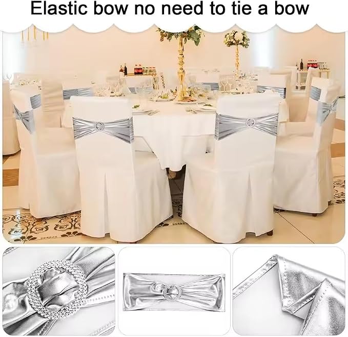 Tvoip 10PCS Chair Cover Stretch Band with Buckle Slider Sashes Bow Wedding Banquet Chair Decoration (Metallic Silver)