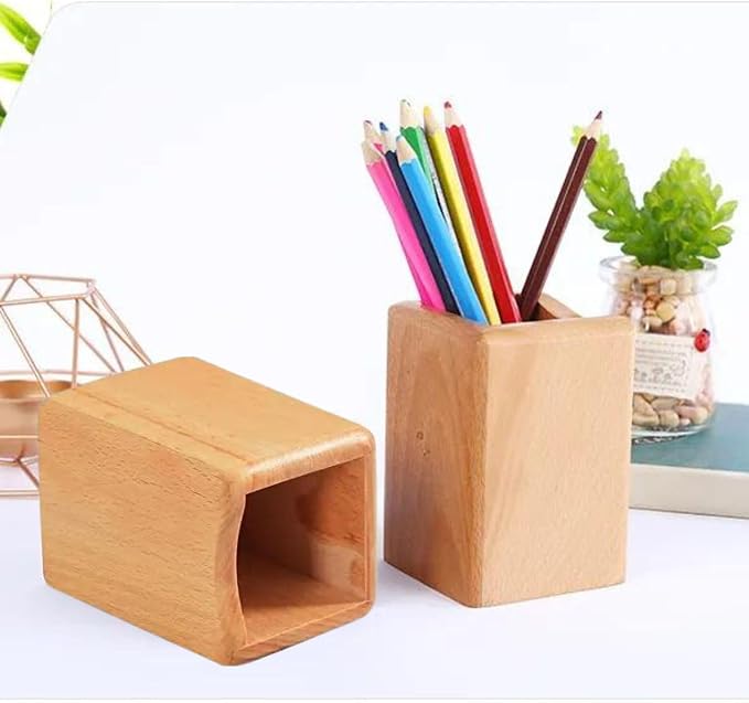 Wooden Pen Holder for Desk, 2 Pack Natural Wood Pencil Cup Holder – Office Desk Accessories Organizer, Makeup Brush Holder, Kids Crayon Marker Caddy, Eco-Friendly (2 Pack Beech Color)