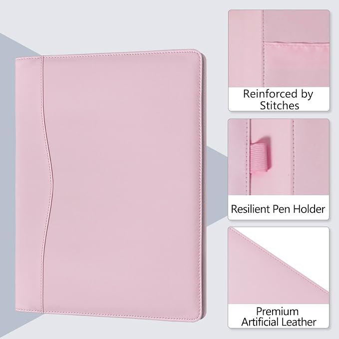 Padfolio Portfolio Folder Portfolio Organizer for A4 Size Pad - Faux Leather Folder with Storage Pocket, Card Holders & Pen Loop for Business Meeting, Office, Student (Pink)