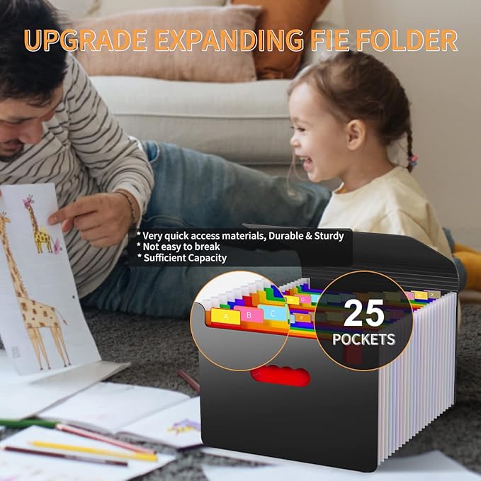 25 Pockets Accordion File Organizer with Handle, Expanding File Folders,Important Papers Document Organizer,Expandable,Durable,Perfect Portable Filing Box for Office,Home,A4/Letter Size,a-z Tab