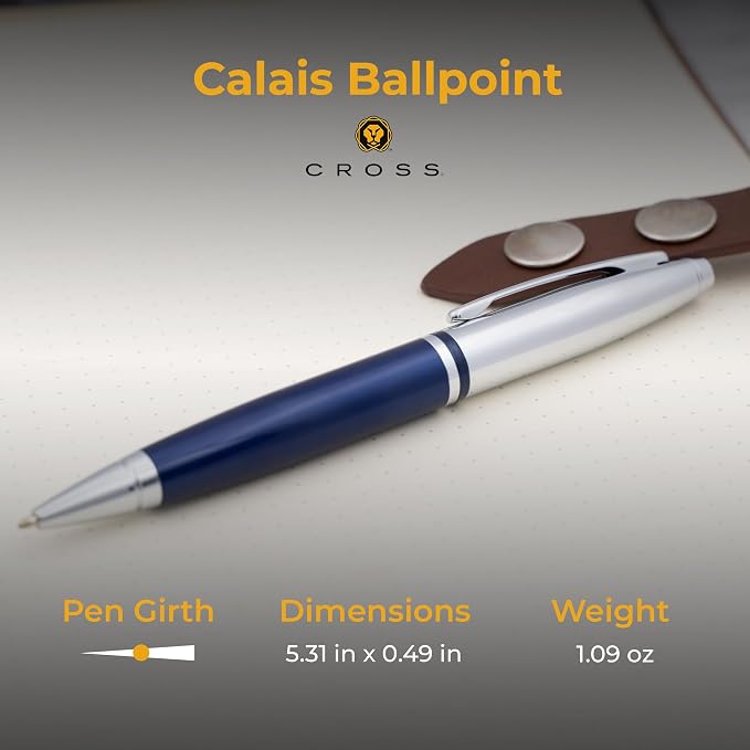 Cross Calais Engraved Ballpoint Pen, Blue Lacquer with Chrome, Art Deco Design, 2 Lines of Text Up to 30 Characters, Gift for Graduation, New Job, Career Advancement, Cross Gift Box