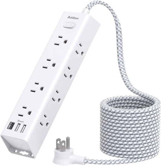Surge Protector Power Strip - 15 FT Extension Cord, Power Strip with 12 Widely AC Outlet 3 USB, Flat Plug Wall Mount Overload Protection, 1050J, Desk Charging Station for Home Office, ETL Listed,White