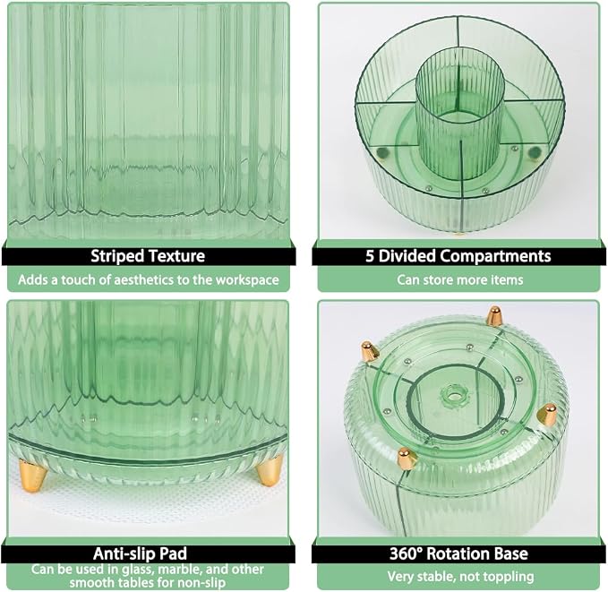 SKYDUE Rotating Pencil Pen Holder, Pen Organizer with 5 Slots - Aesthetic Desk Organizer and Accessories for School, Home, Office Supplies, Clear Green