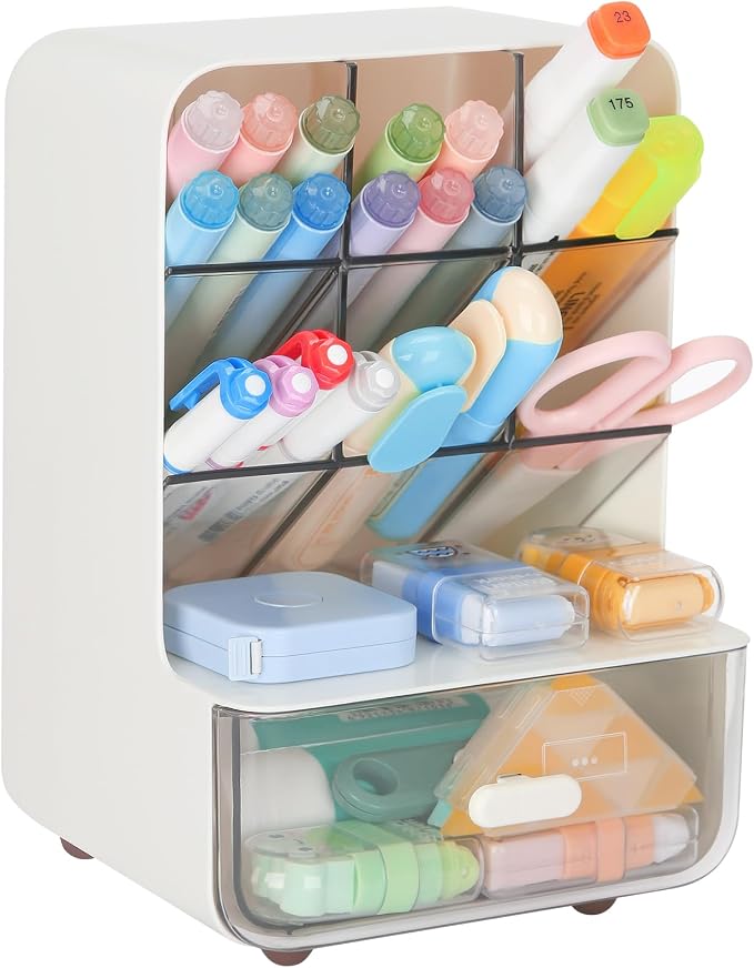 LETURE Desk Organizer with Vertical 6-Compartment & Drawer, Stationery & Makeup Storage, Pen Holder for Office, Home, Art Supplies, Desk Accessories for Desktop Dresser (White)