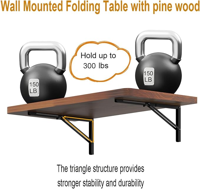 IAE Floating Wall Mounted Folding Table Desk with Pine Wood,36" x 22" Folding Workbench,Fold Down wall Mounted Foldable Table with Shelf Brackets,Laundry Folding Table for Apartment,Home,Kitchen,Teak
