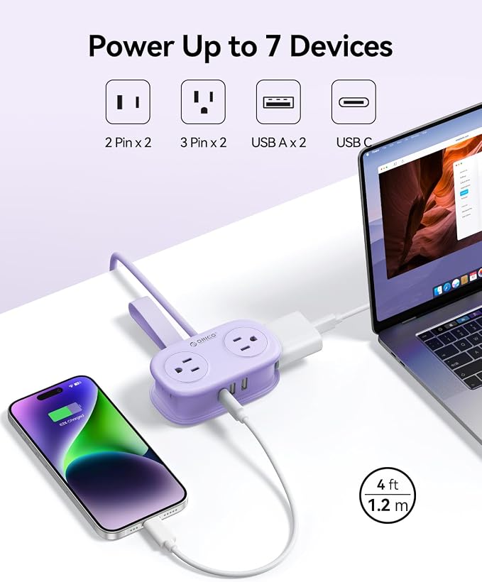 ORICO 4FT Purple Cruise Approved Travel Power Strip with 4 AC Outlets, 2 USB-A Ports, and 1 USB-C Port, 45° Flat Plug Extension Cord with Non Surge Protector for Travel/Dorm/Office ETL Listed -AP3