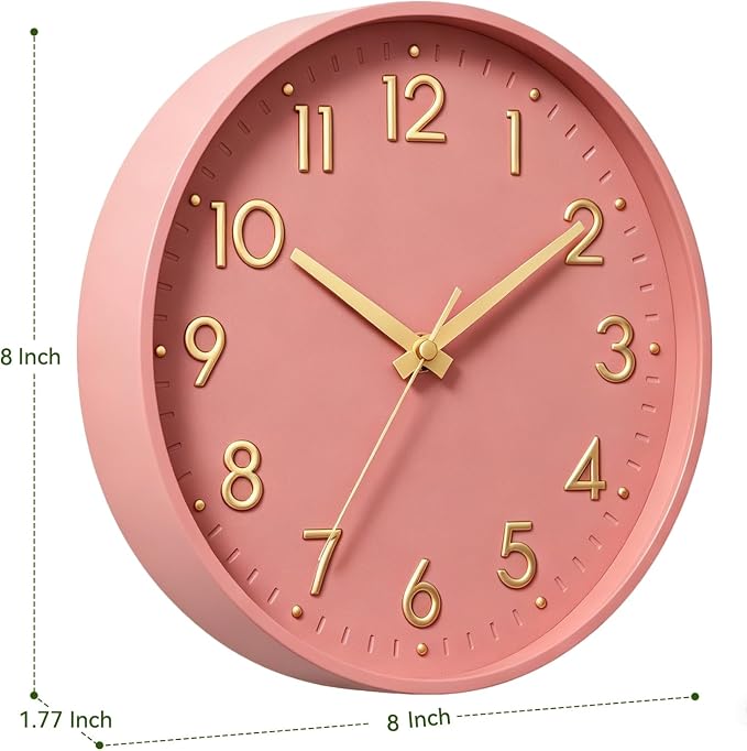 Mosewa Small 8 Inch Wall Clock Battery Operated Silent Non Ticking Analog | Pink Gold modern clock; oversized 3D easy-read dial for kitchen, bedroom & office; 1 AA battery (not included)