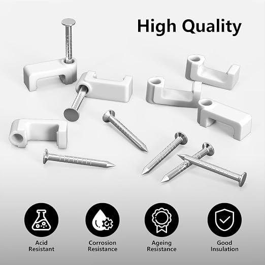 Jadaol Cable Clips with Nails, 400 Pack Cord Wire Clips (5mm 6mm 8mm 10mm), Nail-in Flat Cable Tacks for Ethernet Cable, Coaxial, TV, Speaker, Electrical Wire, White