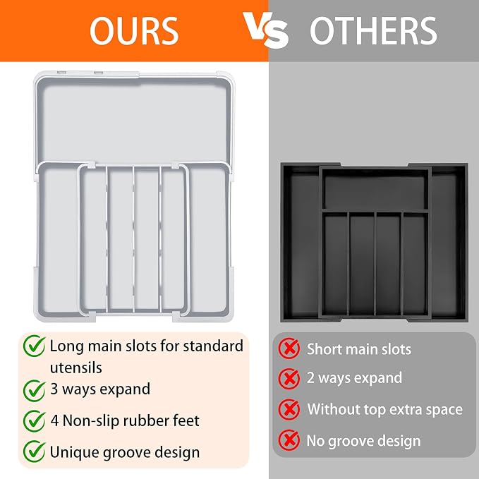 Silverware Drawer Organizer Tray, Adjustable Cutlery Storage for Kitchen, Expandable Flatware and Utensil Holder Divider for Spoons Forks Knives Tableware, 15 x 19, 4-7 Slots, Gray