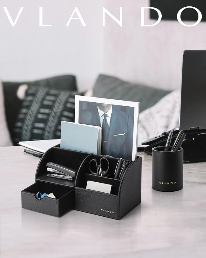 VLANDO 2 Pcs PU Leather Desk Caddy Set with Drawer,Pen Holder | Set for Office Supplies,Remote Controls,Pens,Small Accessories,Workspace Decor for Men,Black
