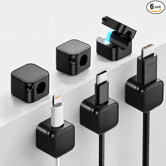 6 Pack Magnetic Cable Clips, Under Desk Cable Management for Office | Adhesive Cord Holder for Phone Wall Desktop, Home Nightstand Desk Accessories (Black)