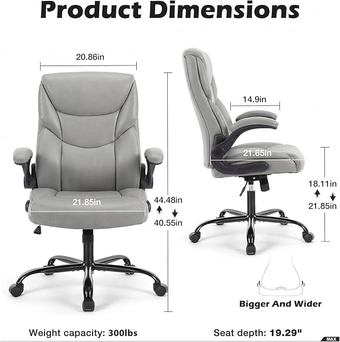 DUMOS PU Leather Office Chair - Ergonomic Executive Computer Desk Chairs with Adjustable Flip-up Armrest, Swivel Task Chair with Lumbar Support, Strong Metal Base, Grey