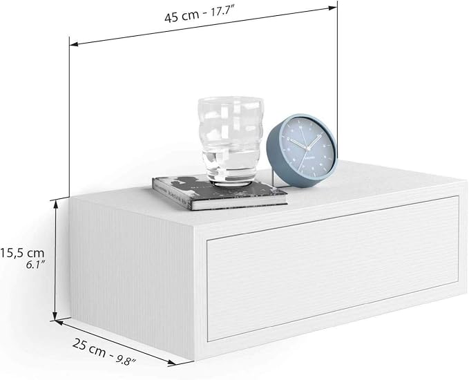 Mobili Fiver, Riccardo Floating nightstand, Ashwood White, 17.7" x 9.8" x 6.1 ", Melamine-Finished, Modern Bedside Table, End Table, Italian Furniture