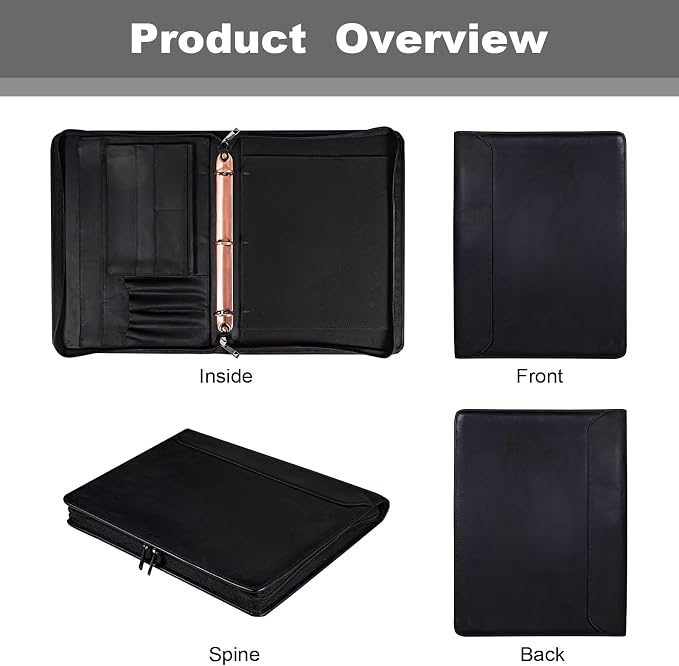 AZXCG Genuine Leather Portfolio Binder for Men& Women,Portfolio Organizer with Zipper,Leather 3 Ring Binder for iPad Pro 12.9,Business Portfolio for Men,Gift for Father's Day